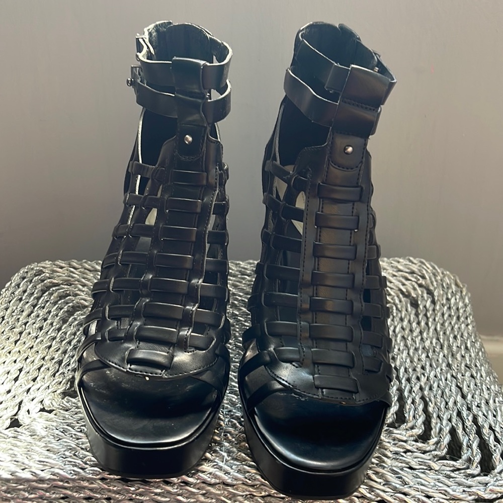 BCBG Generation black huarache style open toe booties